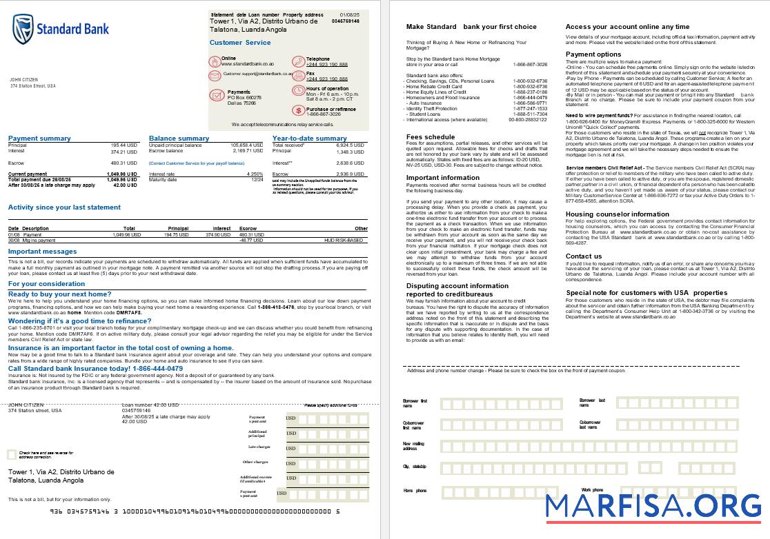 USA Standard Bank Hypothek Kontoauszug in Word and PDF Formate, 2 pages Mockup