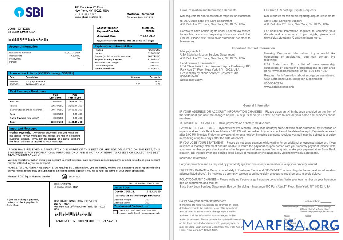 USA State Bank of Indian Bank Hypothek Kontoauszug in Word and PDF Formate Vorlage