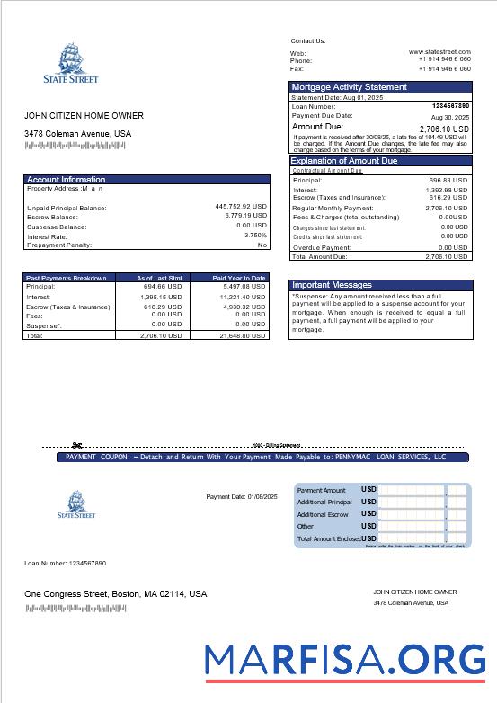 USA State Street Corporation Bank Hypothek Kontoauszug in Word and PDF Formate Design