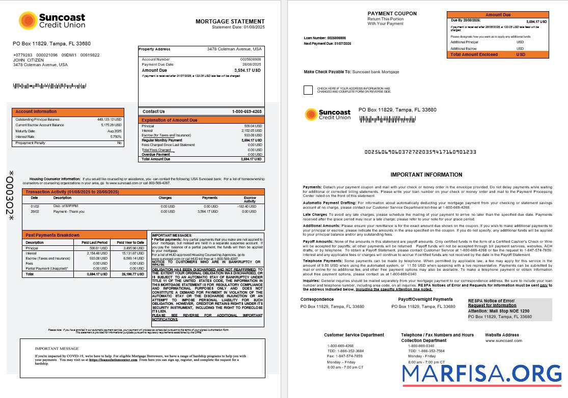 USA Suncoast Bank Hypothek Kontoauszug in Word and PDF Formate 1 2 Probe