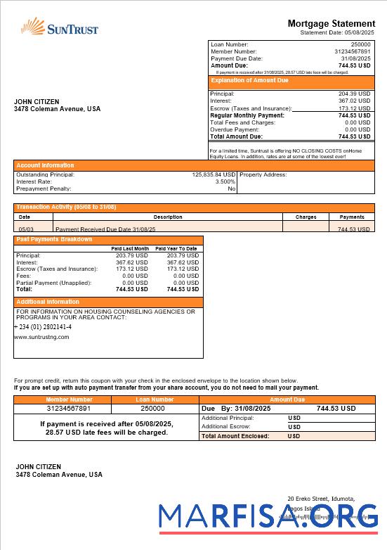 USA Suntrust Bank Hypothek Kontoauszug in Word and PDF Formate Mockup