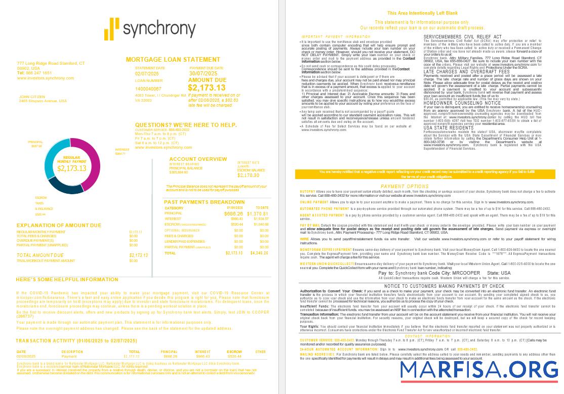 USA Synchrony Bank Hypothek Darlehen Kontoauszug in Word and PDF Formate , 4 pages 1 2 Probe
