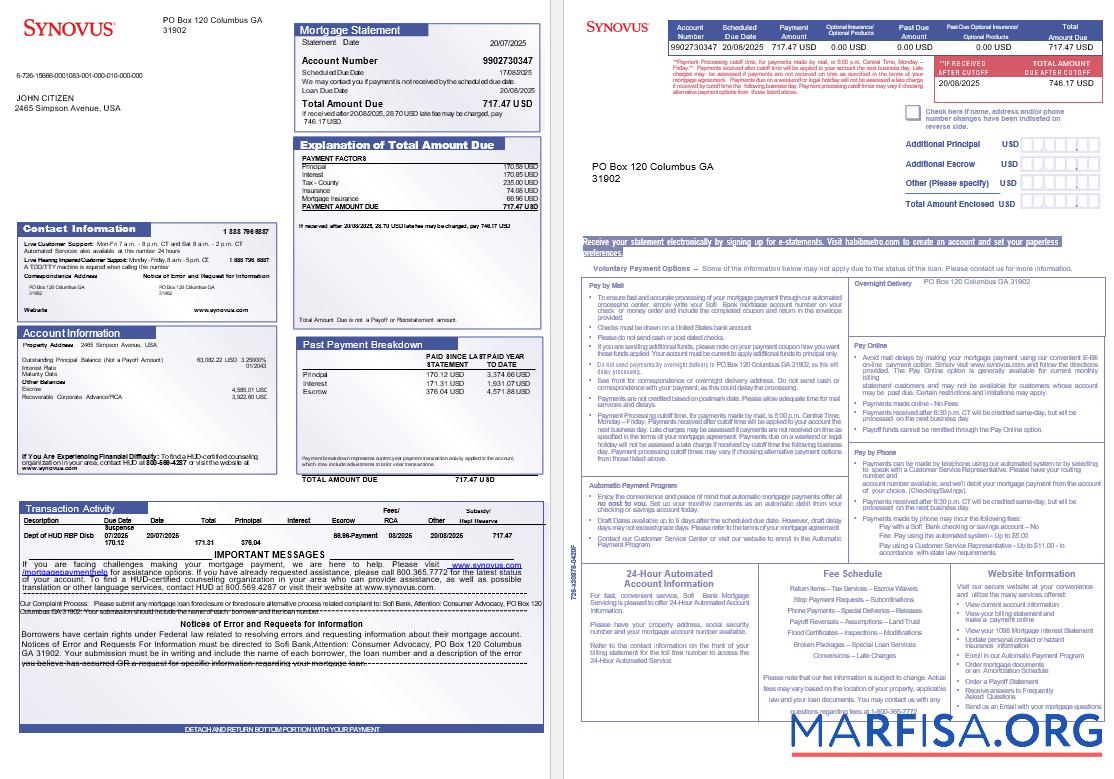USA Synovus Bank Hypothek Kontoauszug in Word and PDF Formate, 3 pages 1 2 Vorschau