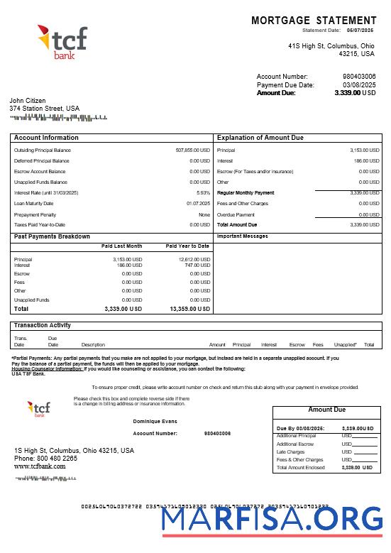 USA TCF Bank Hypothek Kontoauszug in Word and PDF Formate Probe