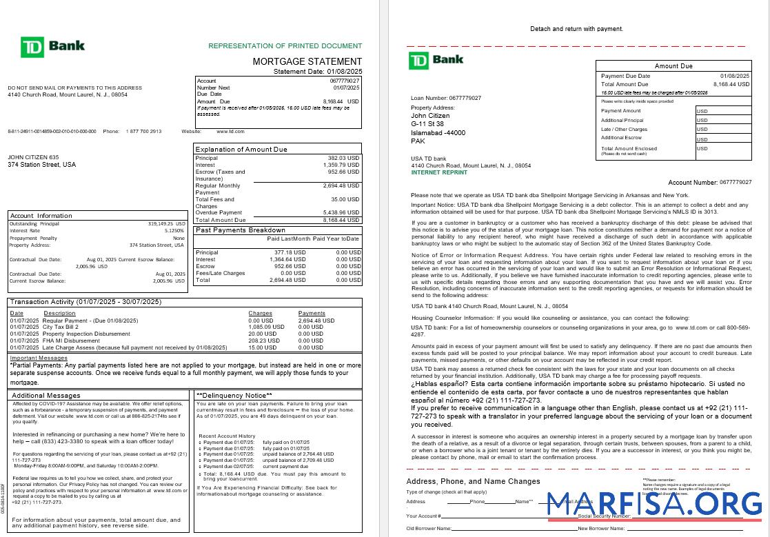 USA TD Bank Hypothek Kontoauszug in Word and PDF Formate, 3 pages 1 2 Probe
