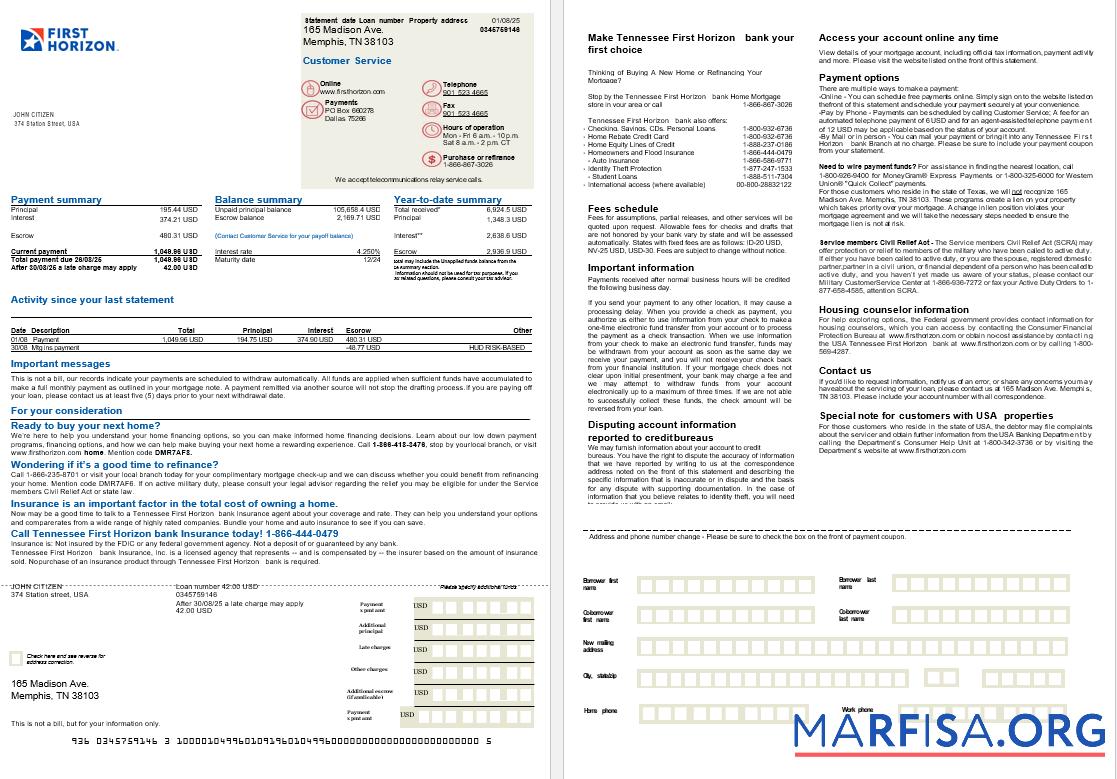 USA Tennessee First Horizon Bank Hypothek Kontoauszug in Word and PDF Formate, 2 pages Vorschau