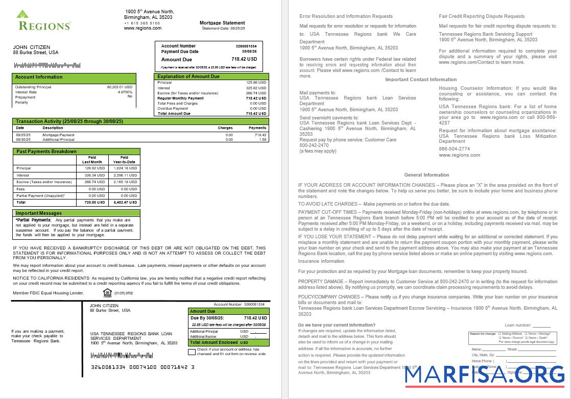 USA Tennessee Regions Bank Hypothek Kontoauszug in Word and PDF Formate Vorschau
