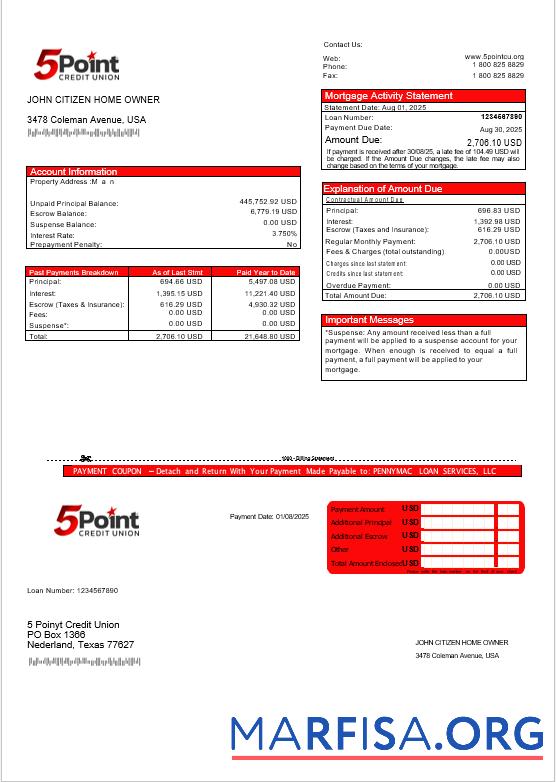 USA Texas 5Point Kredit Union Bank Hypothek Kontoauszug in Word and PDF Formate Vorschau