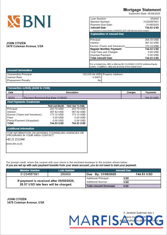 USA Texas BNI Bank Hypothek Kontoauszug in Word and PDF Formate Probe