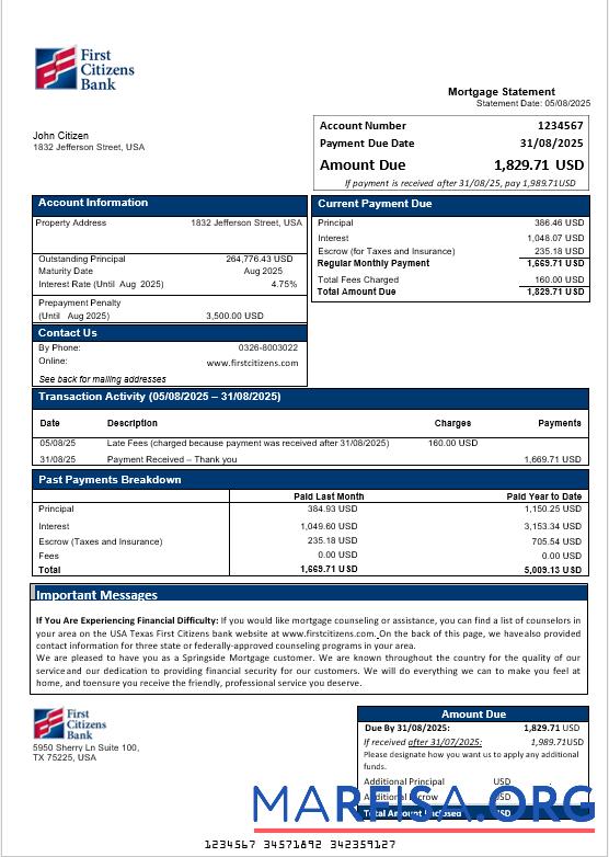 USA Texas First Citizens Bank Hypothek Kontoauszug in Word and PDF Formate Design