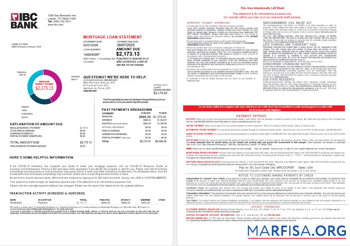 USA Texas IBC Bank Hypothek Darlehen Kontoauszug in Word and PDF Formate , 4 pages 1 2 Design