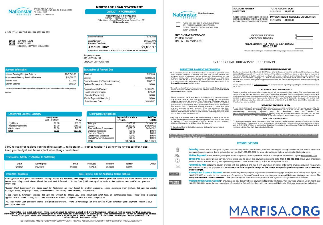 USA Texas Nationstar Hypothek LLC Hypothek Darlehen Kontoauszug, 8 pages scr Probe