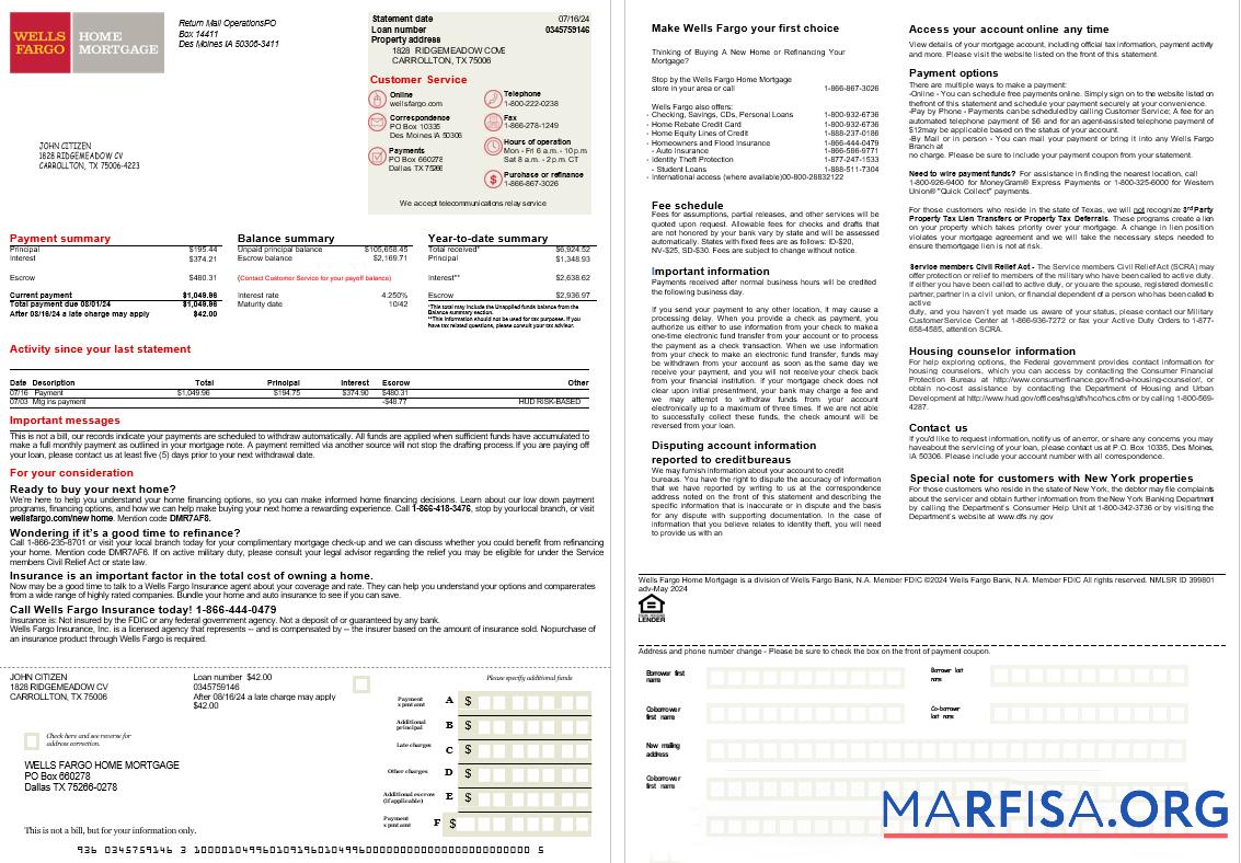 USA Texas Wells Fargo Bank Hypothek Kontoauszug, 2 pages scr Probe