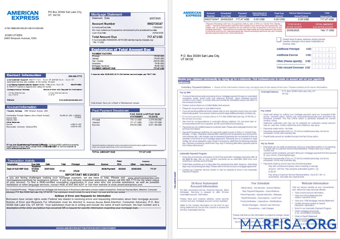 USA The American Express Bank Hypothek Kontoauszug in Word and PDF Formate, 3 pages 1 2 Probe