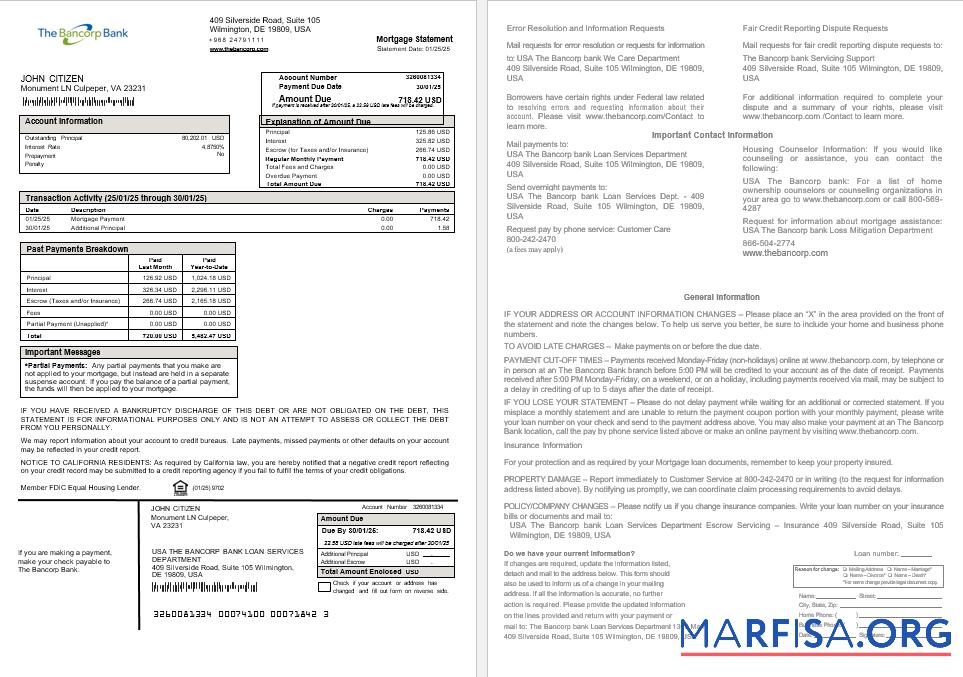 USA The Bancorp Bank Hypothek Kontoauszug in Word and PDF Formate Probe