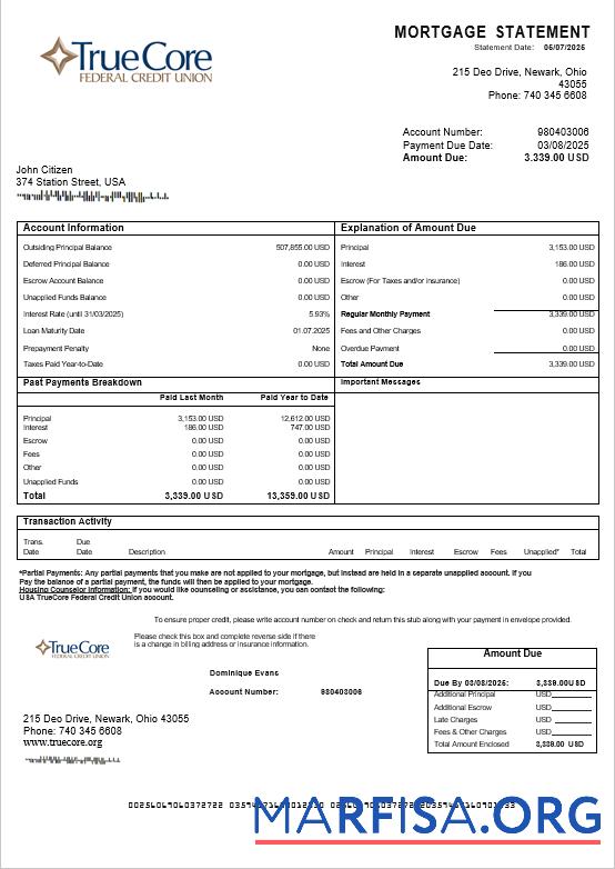 USA TrueCore Federal Kredit Union Konto Hypothek Kontoauszug in Word and PDF Formate Design