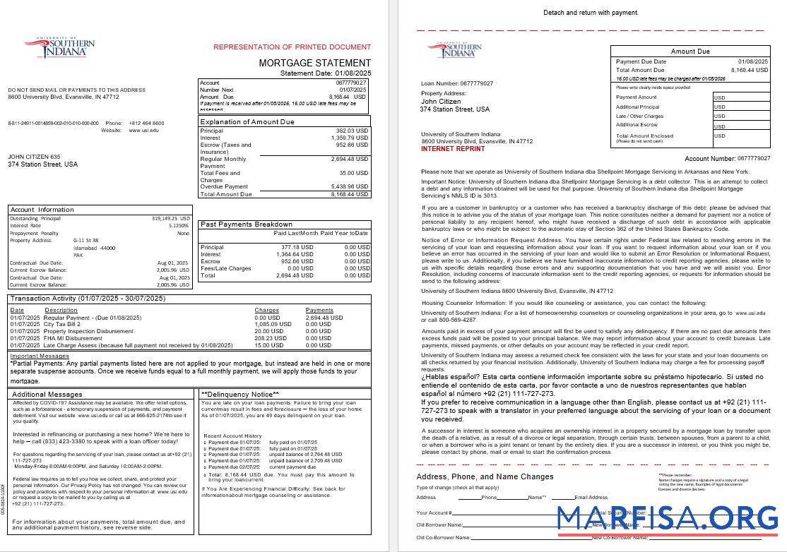USA Universität of Southern Indianna Konto Hypothek Kontoauszug in Word and PDF Formate, 3 pages 1 2 Design