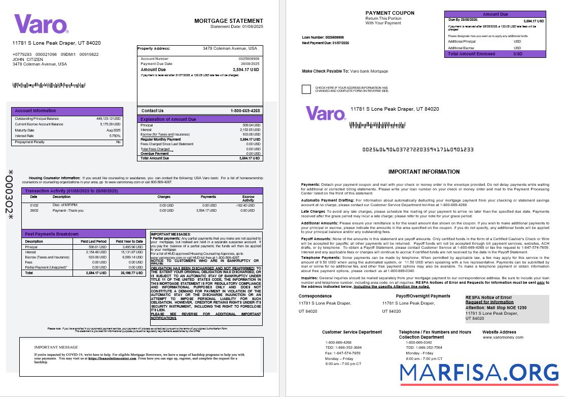 USA Varo Bank Hypothek Kontoauszug in Word and PDF Formate 1 2 Design