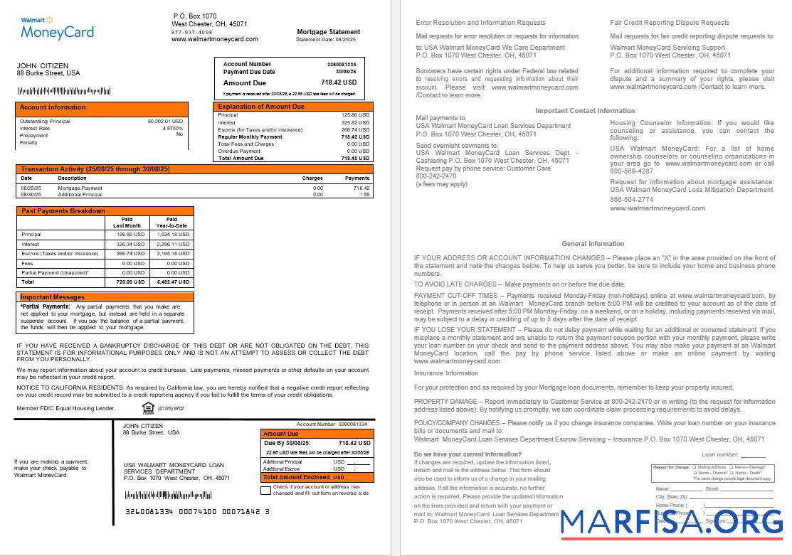 USA Walmart Money Karte Hypothek Kontoauszug in Word and PDF Formate Probe