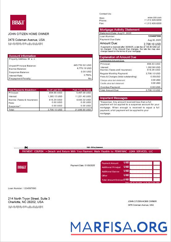 USA Washington BB&T Bank Hypothek Kontoauszug in Word and PDF Formate Probe