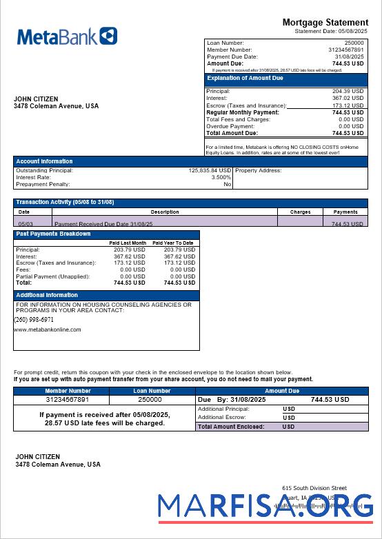 USA Washington Metabank Hypothek Kontoauszug in Word and PDF Formate Mockup