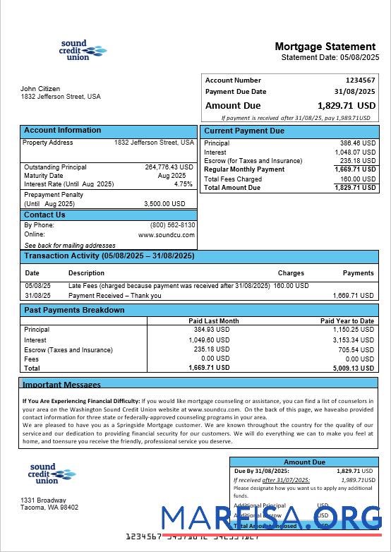 USA Washington Ton Kredit Union Hypothek Kontoauszug in Word and PDF Formate Design