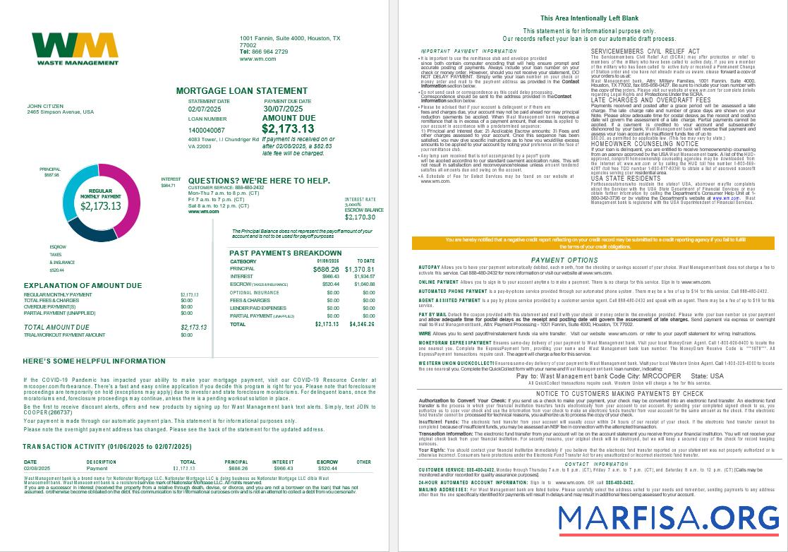 USA Waste Management Bank Hypothek Darlehen Kontoauszug in Word and PDF Formate , 4 pages 1 2 Vorlage