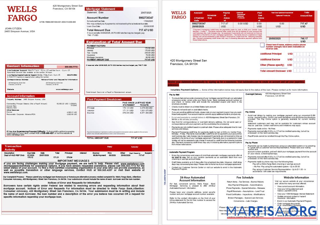 USA Wells Fargo Bank Hypothek Kontoauszug in Word and PDF Formate, 3 pages 1 2 Mockup