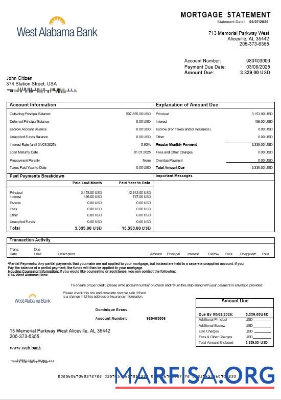 USA West Alabama Bank Hypothek Kontoauszug in Word and PDF Formate Design