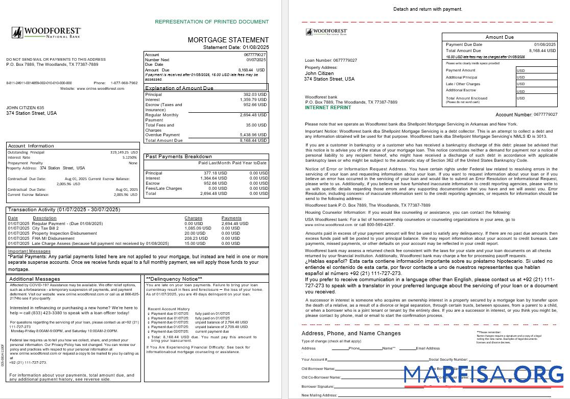 USA Woodforest Bank Hypothek Kontoauszug in Word and PDF Formate, 3 pages 1 2 Design