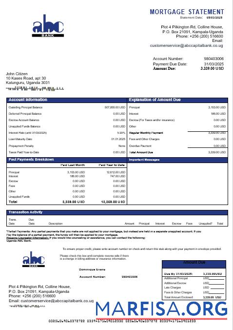 Uganda ABC Bank of Uganda Hypothek Kontoauszug in Word and PDF Formate Vorschau