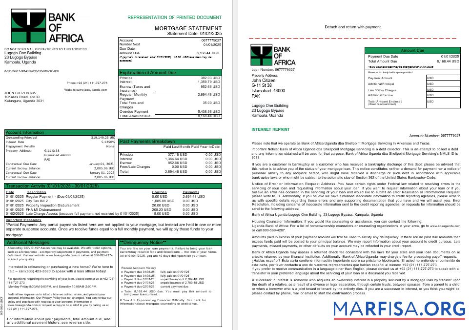 Uganda Bank of Africa Hypothek Kontoauszug in Word and PDF Formate, 3 pages 1 2 Mockup