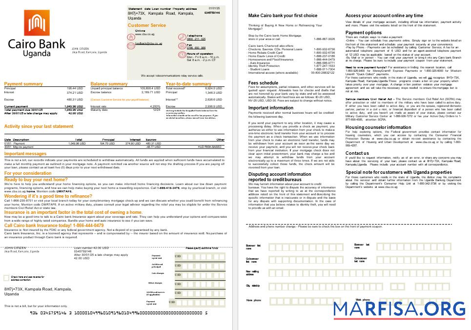 Uganda Cairo Bank Hypothek Kontoauszug in Word and PDF Formate, 2 pages Design