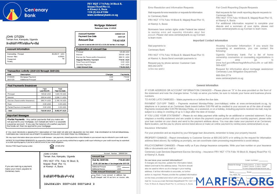 Uganda Centenary Bank Hypothek Kontoauszug in Word and PDF Formate Vorschau