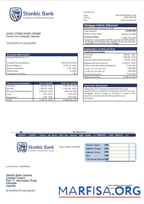 Uganda Stanbic Bank Hypothek Kontoauszug in Word and PDF Formate Probe