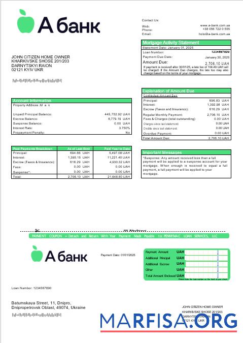 Ukraine A Bank Hypothek Kontoauszug in Word and PDF Formate Design
