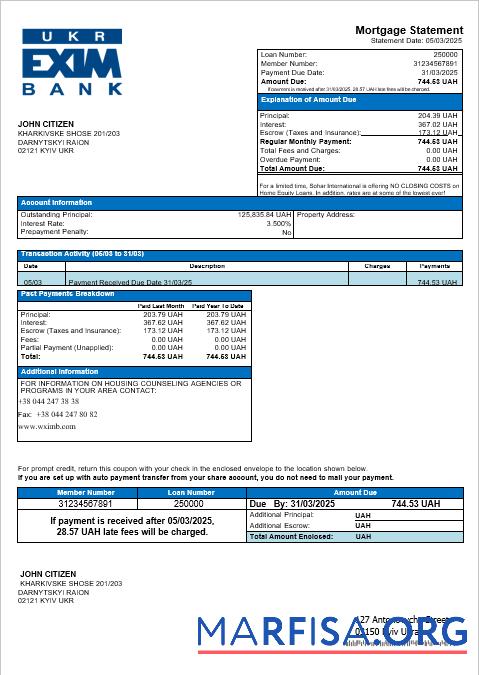Ukraine Ukreximbank Bank Hypothek Kontoauszug in Word and PDF Formate Vorlage