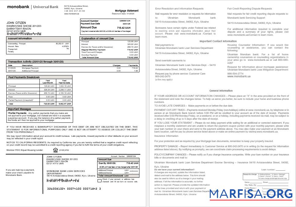 Ukrainian Monobank Bank Hypothek Kontoauszug in Word and PDF Formate Probe