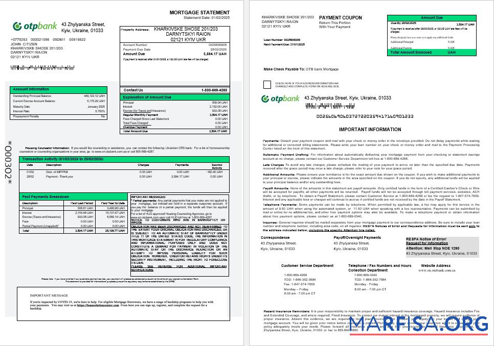 Ukrainian OTP Bank Hypothek Kontoauszug in Word and PDF Formate 1 2 Design