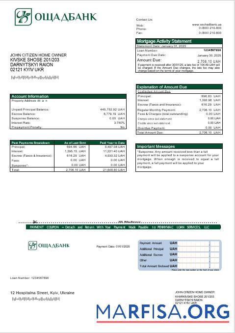Ukrainian Oshadbank Hypothek Kontoauszug in Word and PDF Formate Mockup