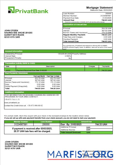 Ukrainian Privatbank Bank Hypothek Kontoauszug in Word and PDF Formate Probe