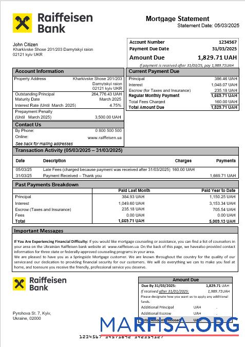 Ukrainian Raiffeisen Bank Hypothek Kontoauszug in Word and PDF Formate Mockup