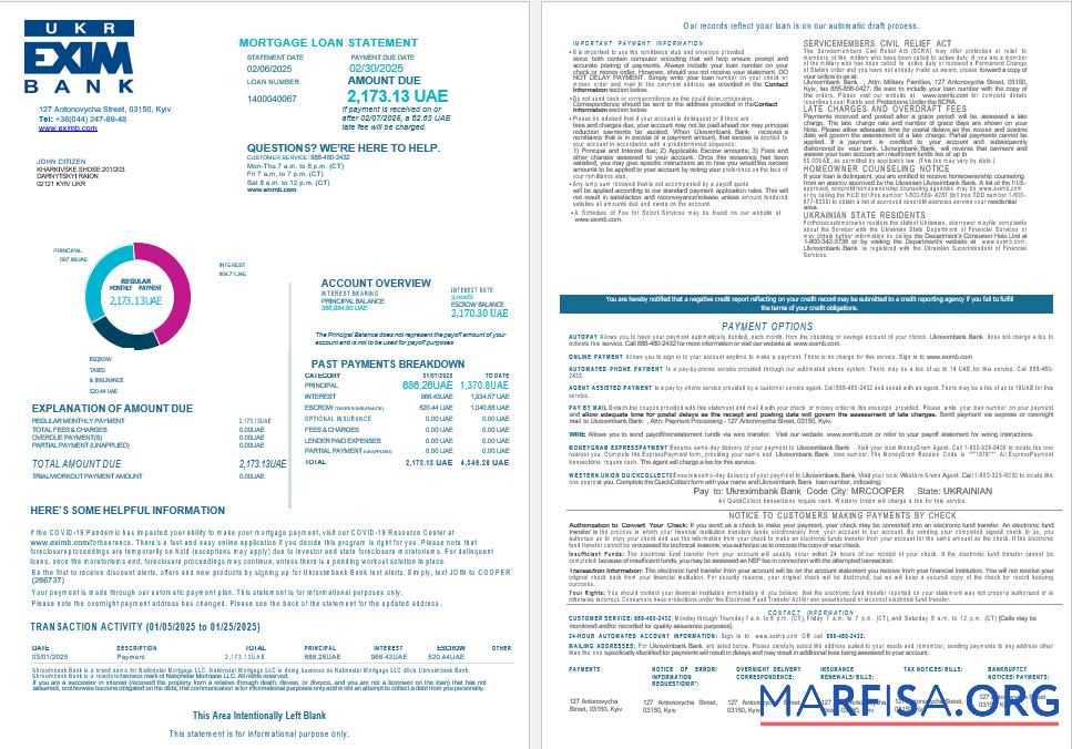 Ukrainian Ukreximbank Bank Hypothek Darlehen Kontoauszug in Word and PDF Formate , 4 pages 1 2 Design