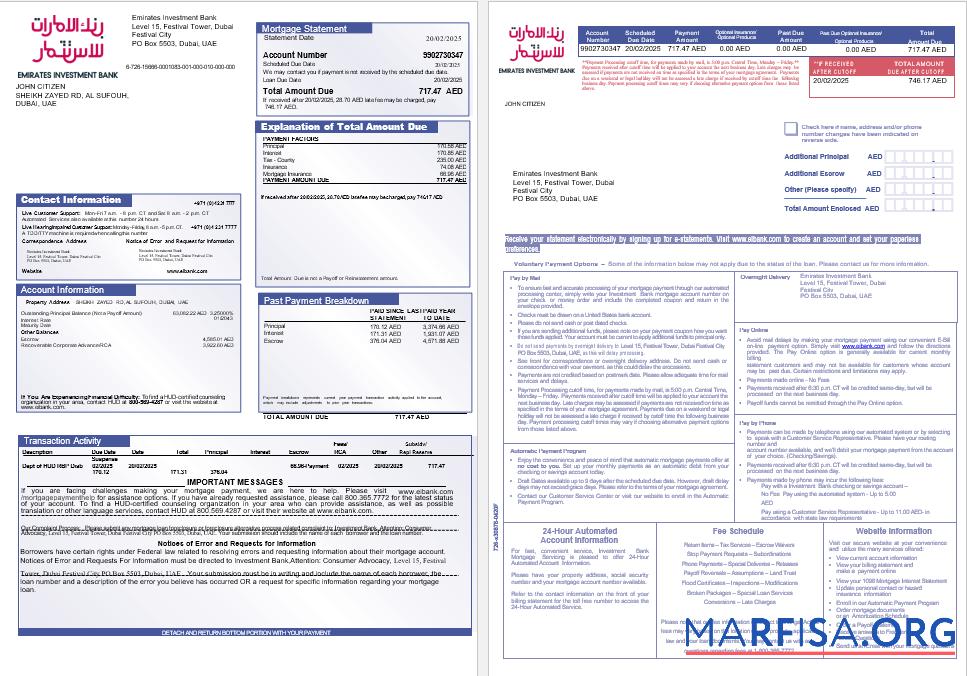 Vereinigte Arabische Emirate Investition Bank Hypothek Kontoauszug in Word and PDF Formate, 3 pages 1 2 Probe