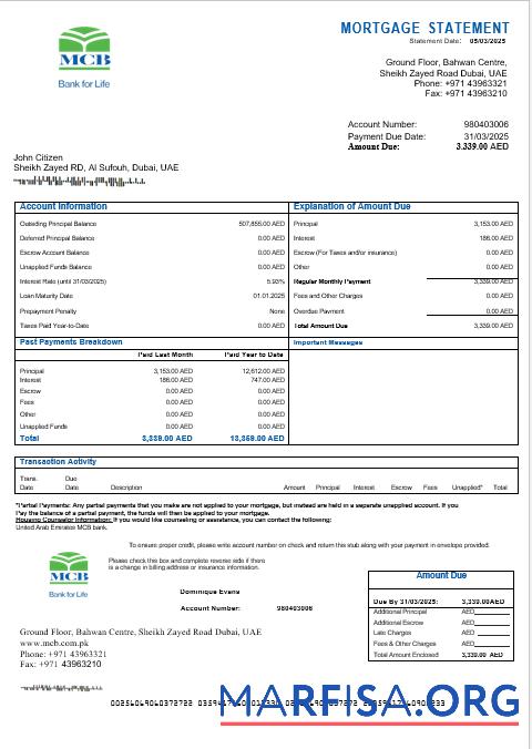 Vereinigte Arabische Emirate MCB Bank Hypothek Kontoauszug in Word and PDF Formate Vorlage