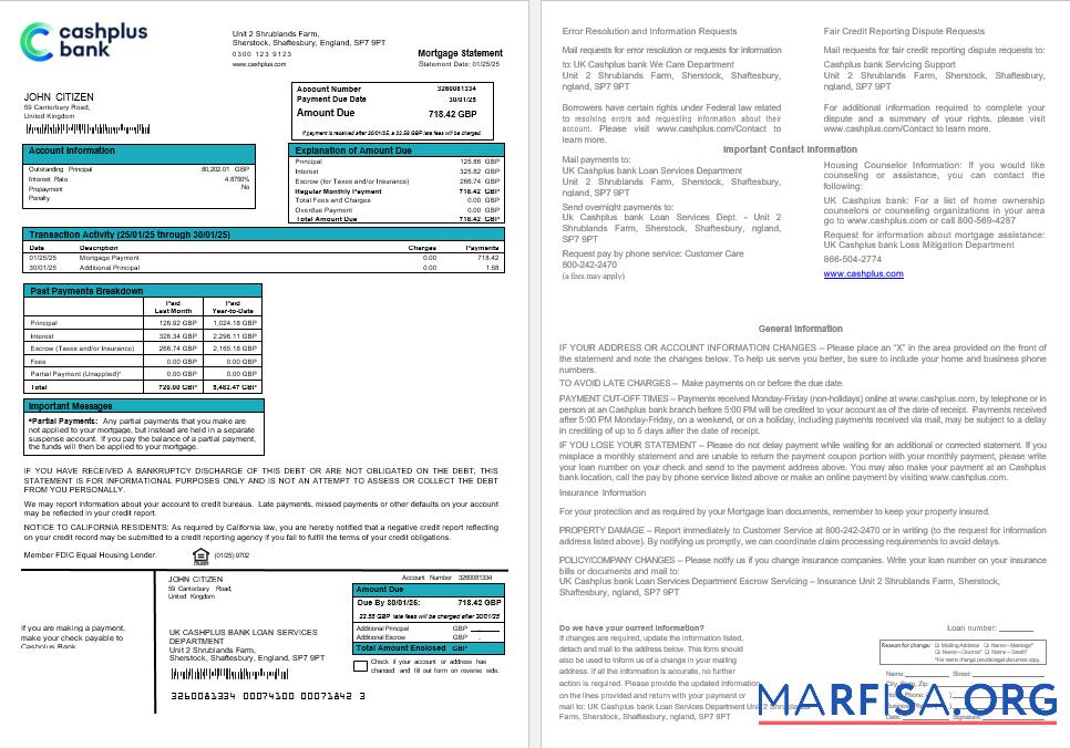 Vereinigtes Königreich Cashplus Bank Hypothek Kontoauszug in Word and PDF Formate Design