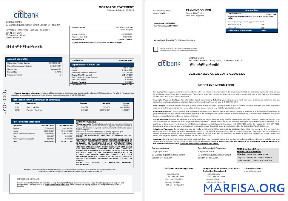 Vereinigtes Königreich Citibank Bank Hypothek Kontoauszug in Word and PDF Formate 1 2 Mockup