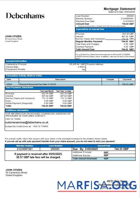 Vereinigtes Königreich Debenhams Hypothek Kontoauszug in Word and PDF Formate Design