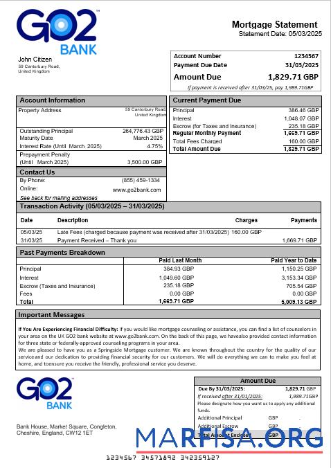 Vereinigtes Königreich GO2 Bank Hypothek Kontoauszug in Word and PDF Formate Mockup