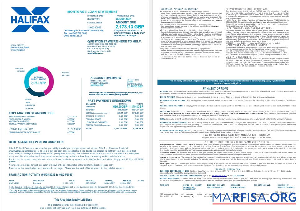 Vereinigtes Königreich Halifax Bank Hypothek Darlehen Kontoauszug in Word and PDF Formate , 4 pages 1 2 Vorschau